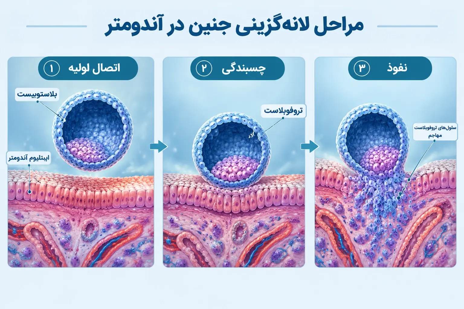 embryo-implantation-endometrium-diagram تصویر ساده لانه گزینی جنین روی لایه های آندومتر در رحم